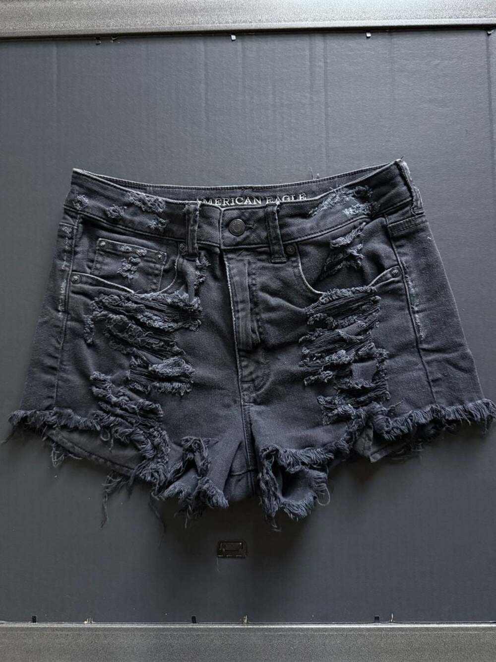 American Eagle Women's Vintage High-Rise Festival Destroyed Black Denim Shorts